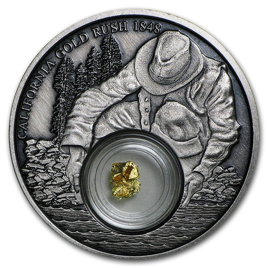 Чеканка серебряной монеты. Серебряные монеты Ниуэ. Antique finish серебряные монеты. Монета Золотая лихорадка.
